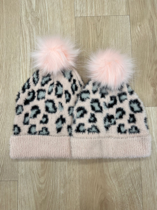 PINK FUZZY KNIT LEOPARD HAT