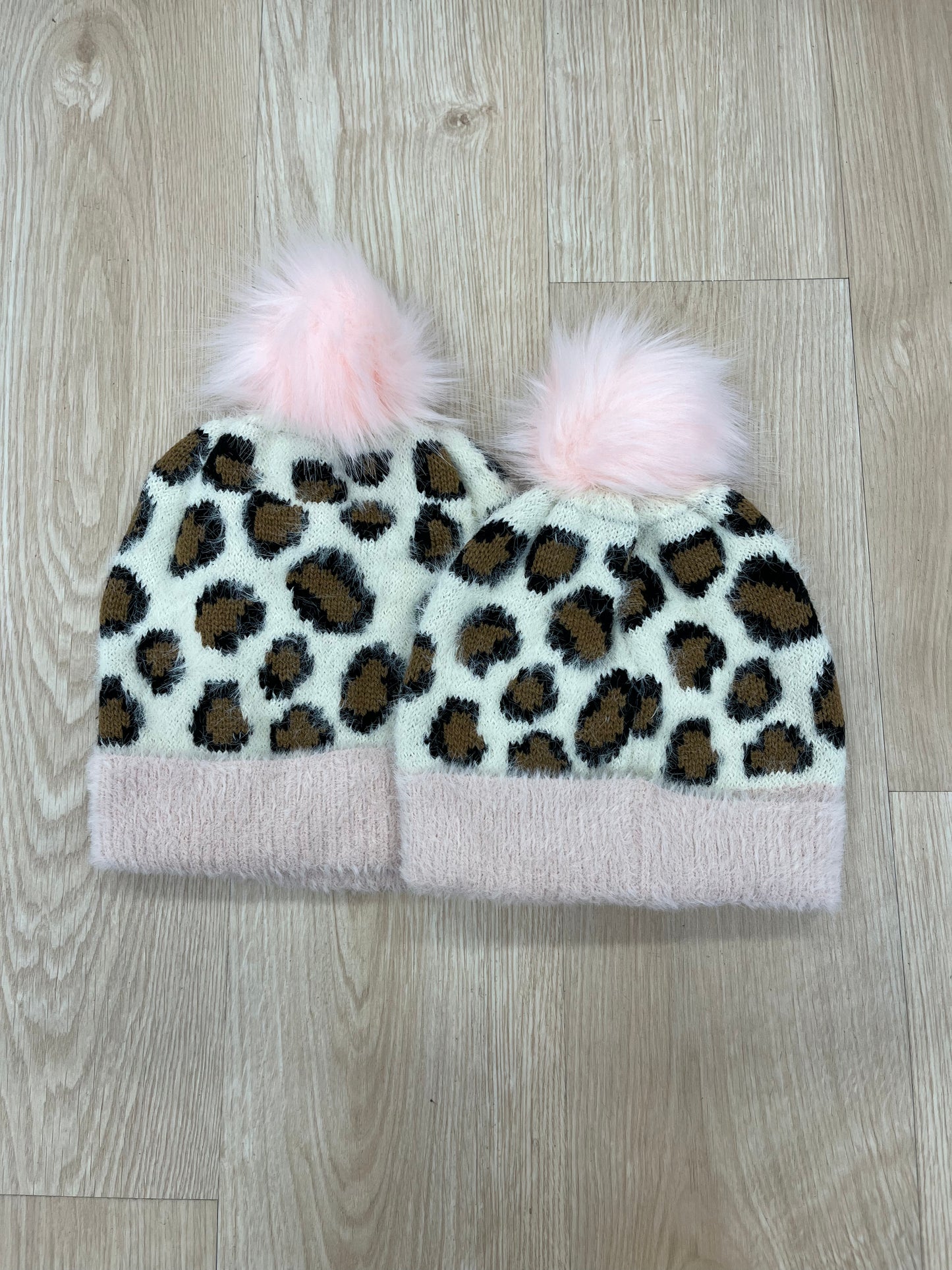 IVORY FUZZY KNIT LEOPARD HATS