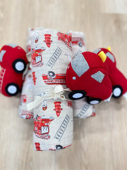 FIRE TRUCK SWADDLE & RATTLE SET